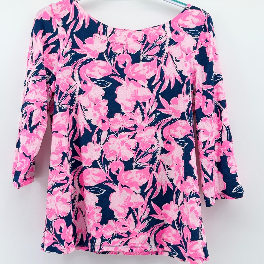 Lilly Pulitzer Etta Top Pink Navy Flamingo Floral 3/4 Sleeve Boat Neck Large